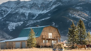 A rustic wooden barn with a green roof, surrounded by a dry grass field and two evergreen trees. - Cozy Cabin, Mountain View, AC, Porch, Fireplace, Wildlife, 4 mi to town. (Bozeman)