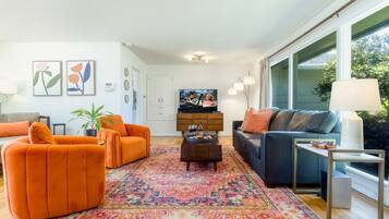 TV connectée, cheminée, livres, chaßne hi-fi