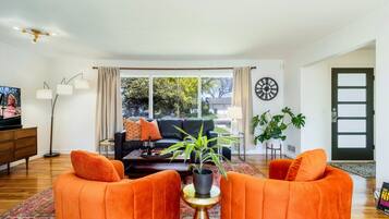 Smart-tv, eldstad, böcker och en stereo