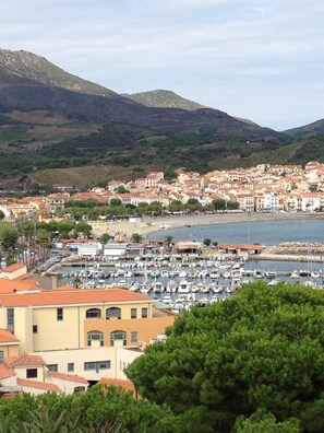 A coastal town with a marina filled with boats, surrounded by buildings with red-tiled roofs and a mountainous backdrop. - MIRAMAR APARTMENT (BANYULS SUR MER)