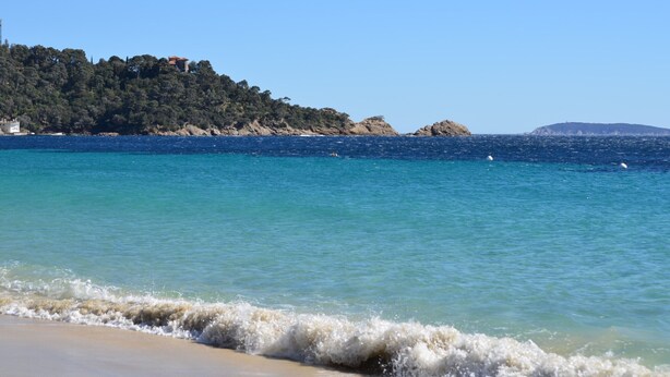 A beach with clear blue water, a sandy shore, and a forested hill in the background. - SEA VIEW-STUDIO 2 PERSONS- Classified 3 *- TERRASSE ABRITEE -CLIM-PARKING PRIVE (Le Lavandou)