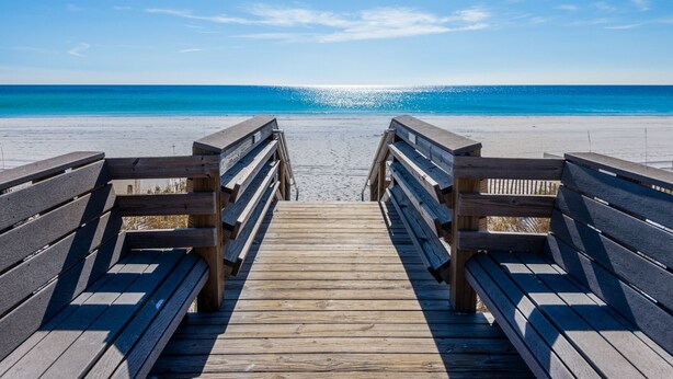 A wooden boardwalk leading to a beach with a clear blue sky. - Balcony Views of the Gulf, Zero-Entry Pool, Free Beach Chair Service (Miramar Beach)