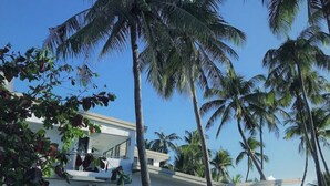 A modern two-story building with balconies, surrounded by palm trees. - Grand Blue Beach Hotel (Boracay Island)