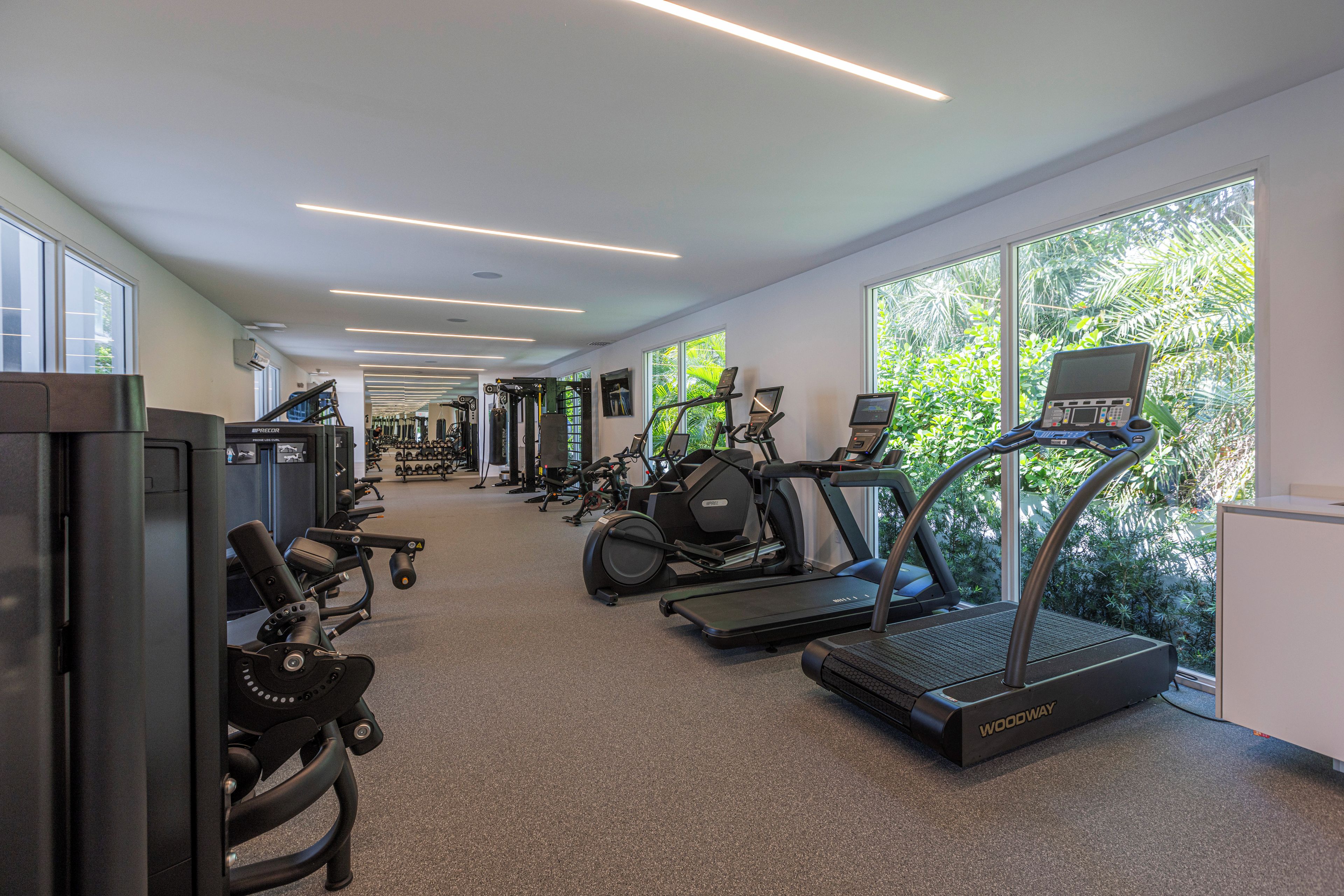 A gym with treadmills, elliptical machines, and weight equipment.