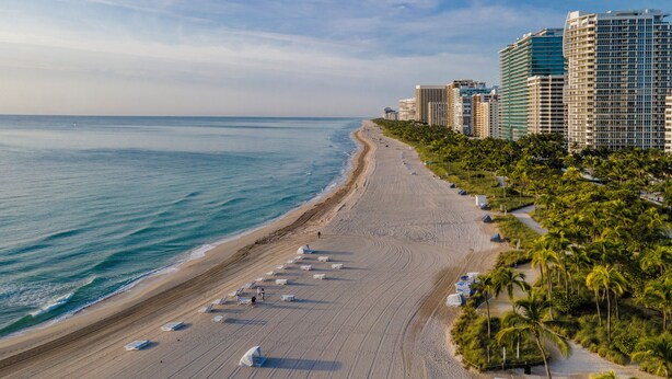 Une plage bordée de rangées de chaises de plage et de parasols, un rivage sablonneux et, au loin, de grands immeubles.