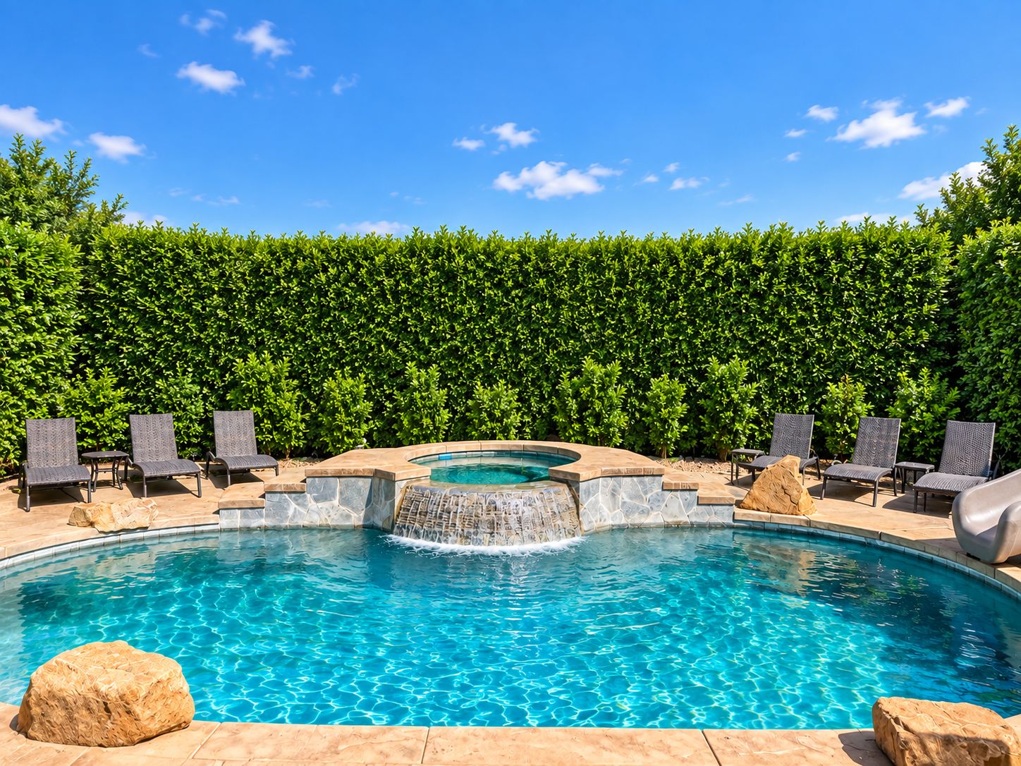 A swimming pool with a waterfall feature, surrounded by lounge chairs and a hedge.