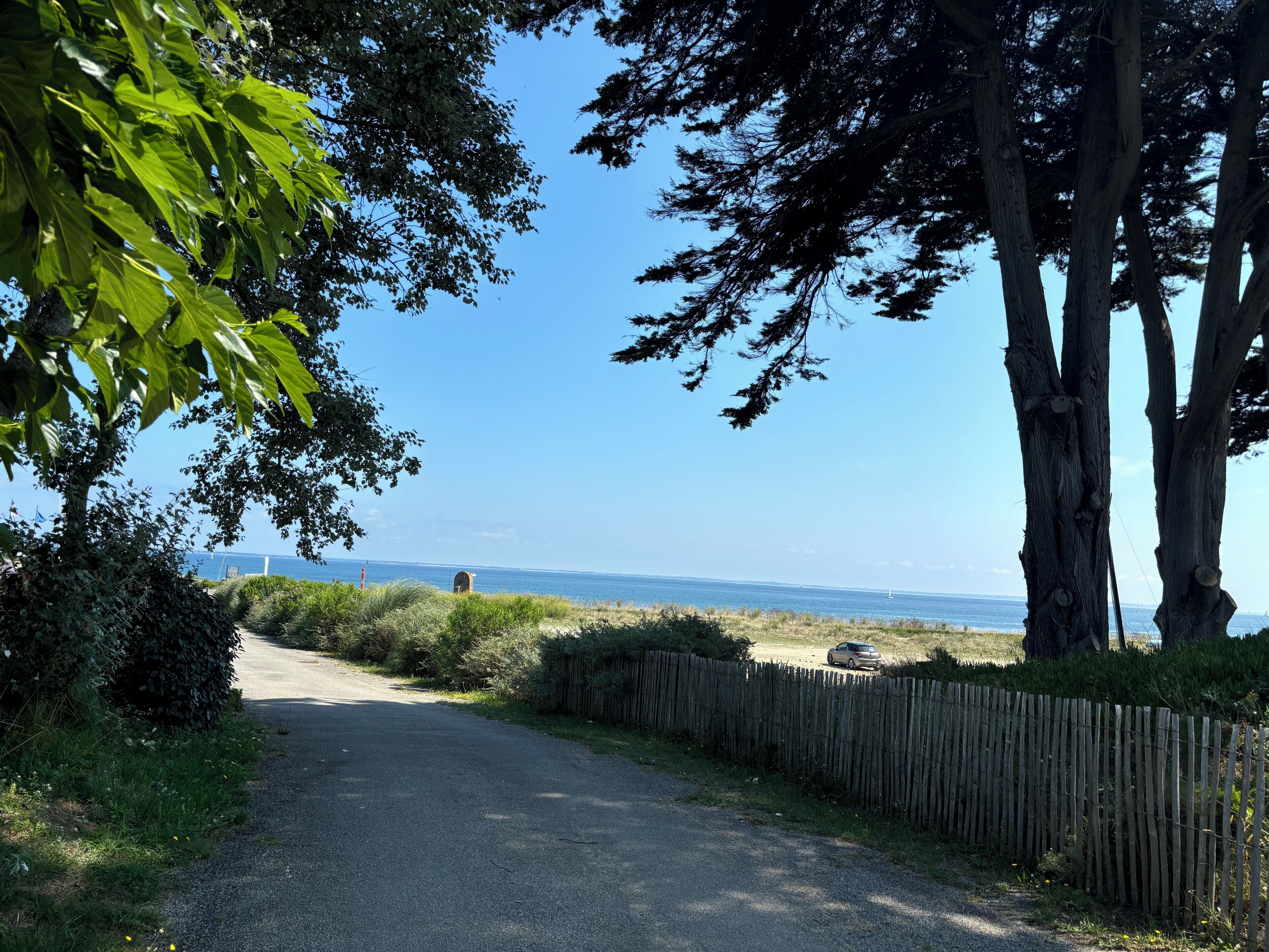 Ein gepflasterter Weg führt zu einem Strand, begleitet von einem Holzzaun und Bäumen.