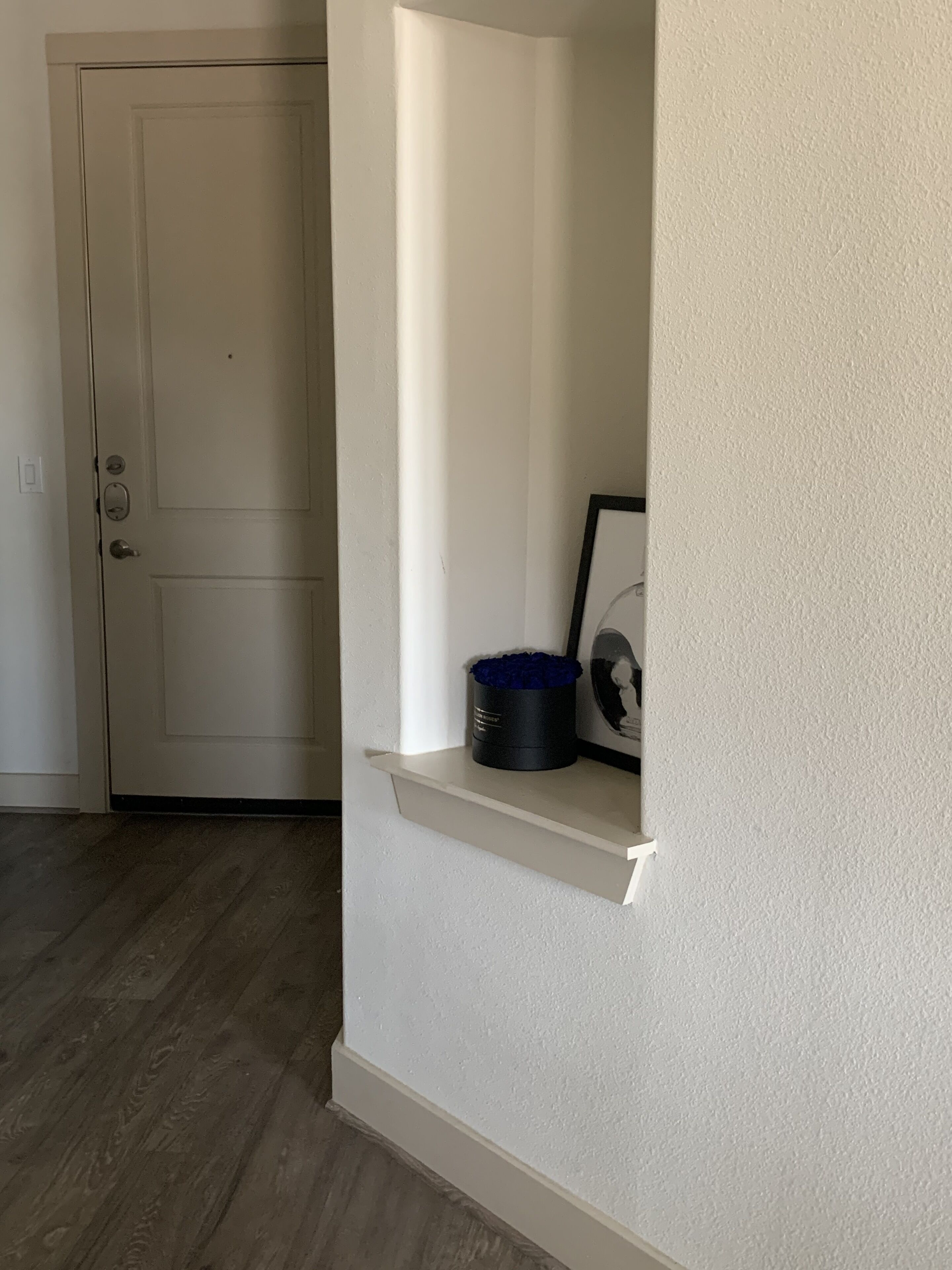 Een gang met een witte deur, een wit schap met een zwarte container en een lijst met foto, en houten vloeren.