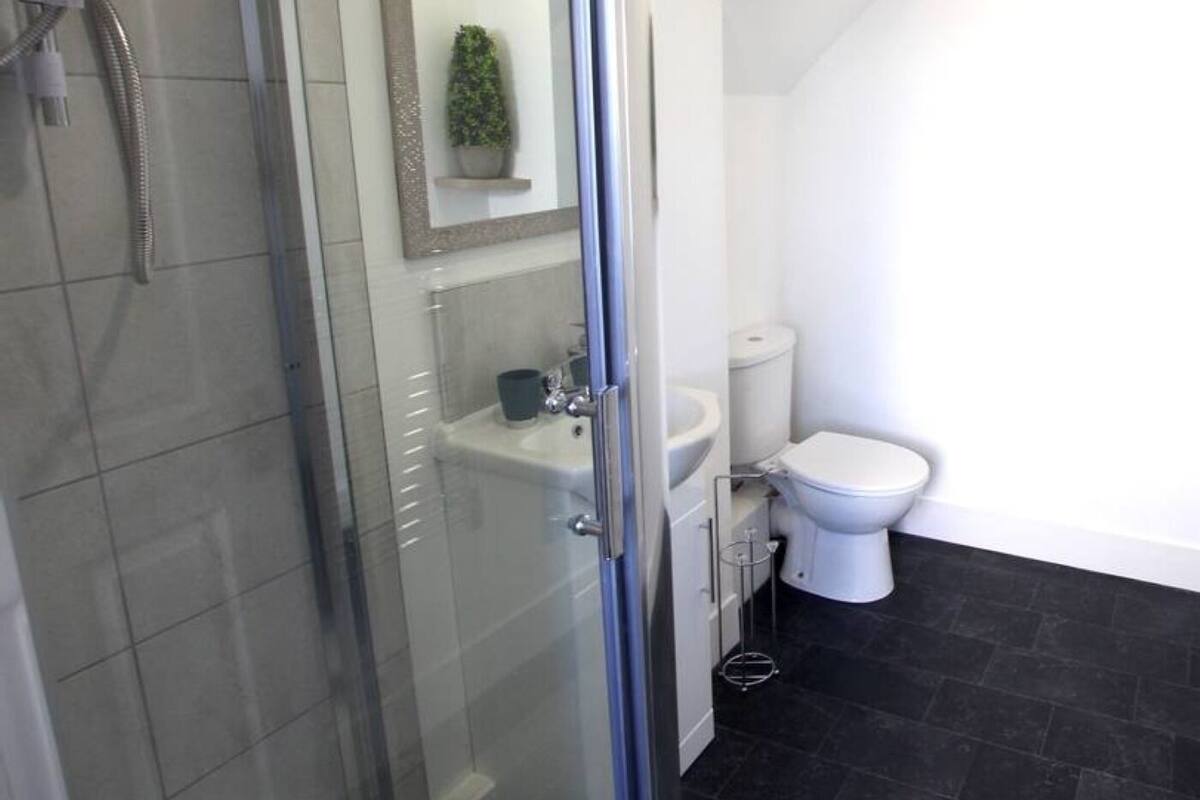 Ein Badezimmer mit Duschkabine aus Glas, einem Waschbecken, einer Toilette und einem kleinen Topfpflanzen an der Wand.