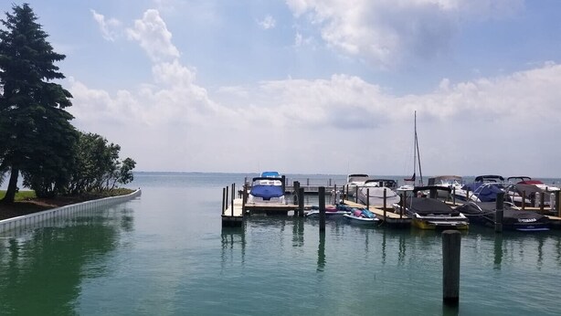 A marina with boats docked, a dock extending into calm water, and a tree-lined shore.