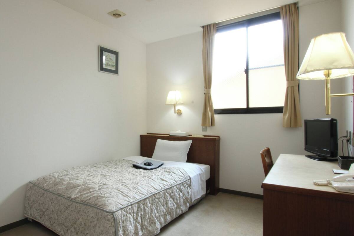 Una habitación de hotel pequeña con una cama individual, un escritorio con televisor, una lámpara y una ventana con cortinas.