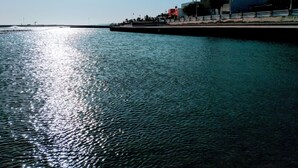A waterfront view with a calm sea, a promenade, and buildings in the background.