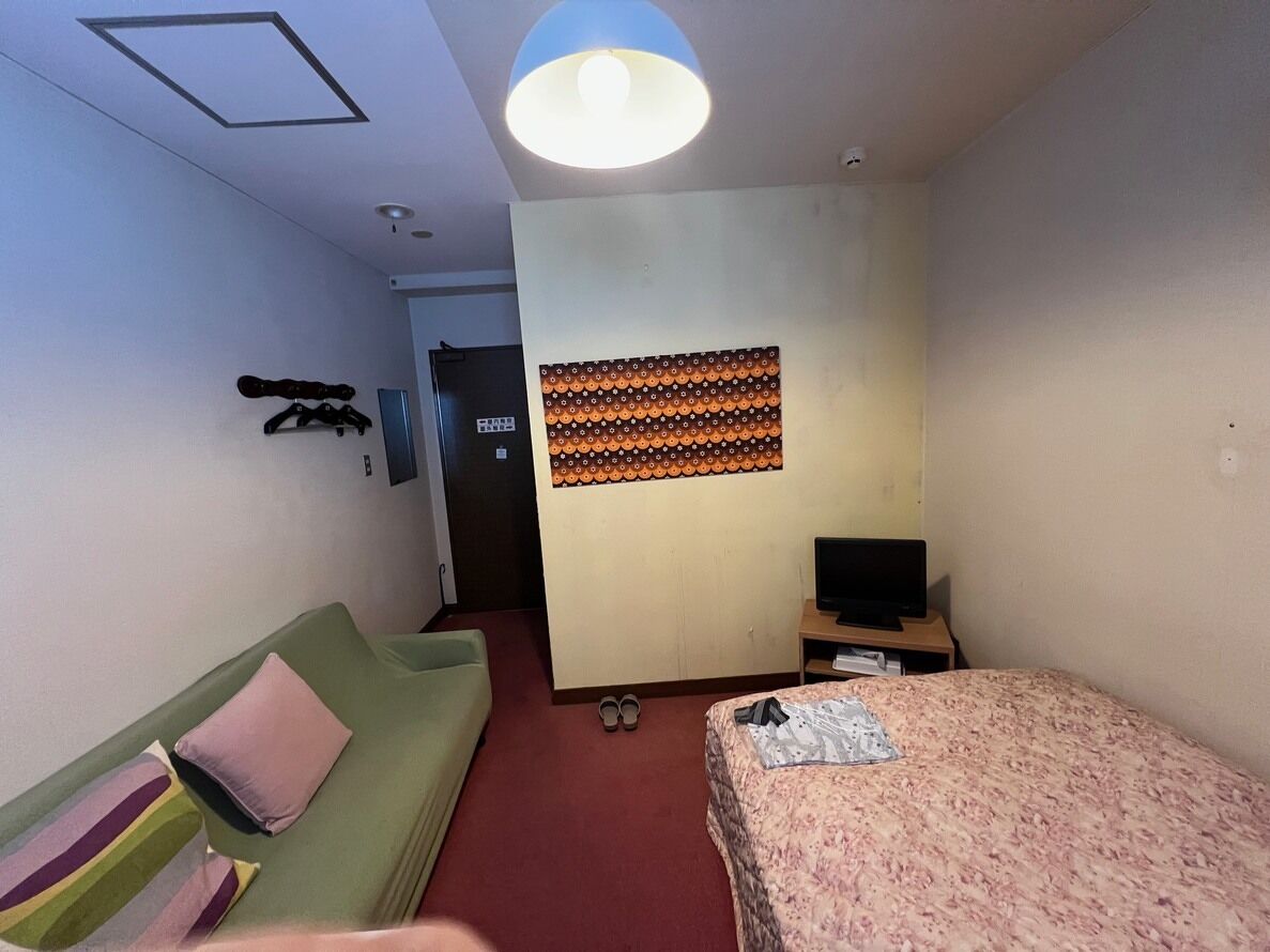 Ein Hotelzimmer mit einem grünen Sofa, einem Bett mit floralem Überwurf, einem Fernseher auf einem Holztisch und einer Wanddekoration mit Muster.