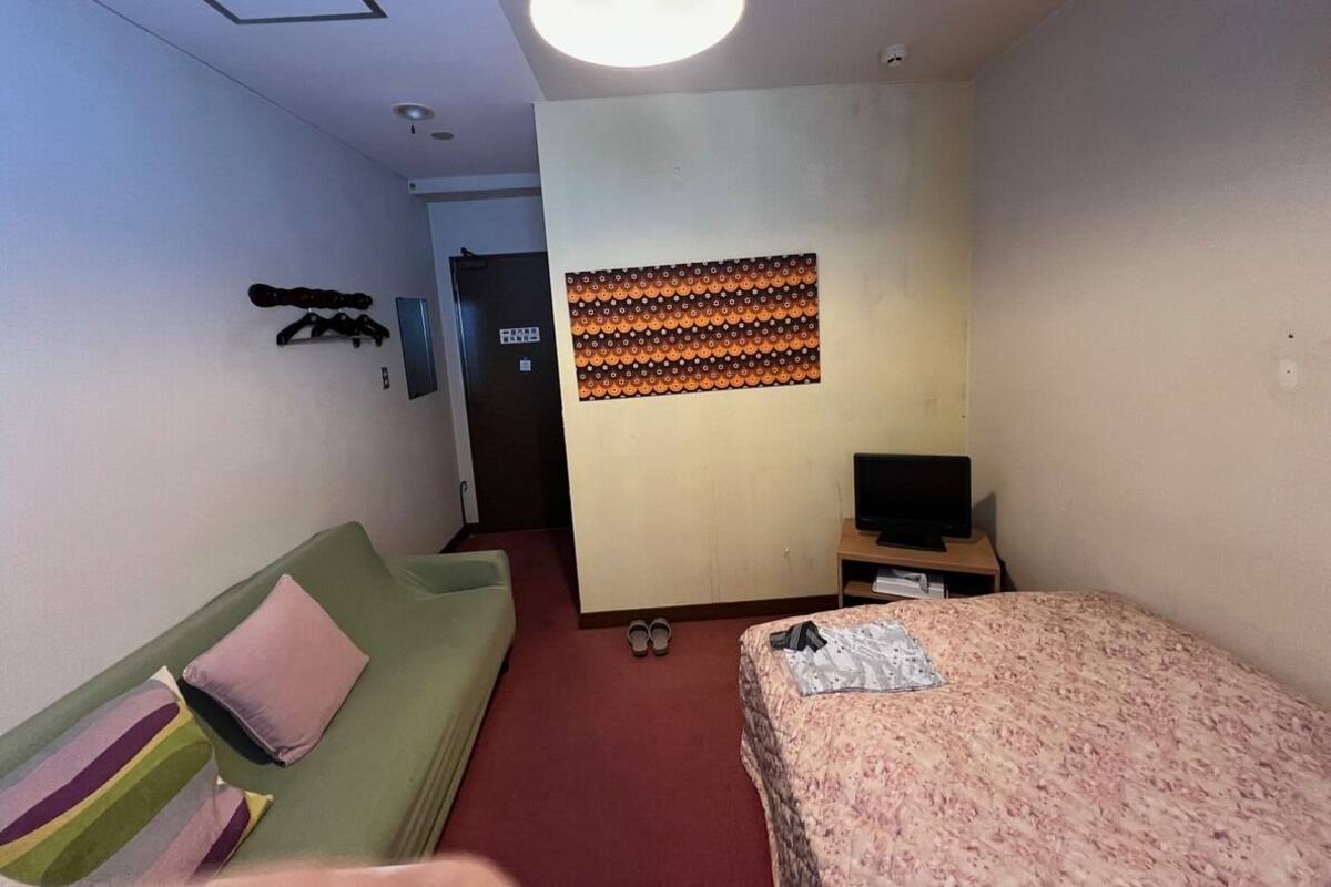 Ein Hotelzimmer mit einem grünen Sofa, einem Bett mit floralem Überwurf, einem Fernseher auf einem Holztisch und einer Wanddekoration mit Muster.