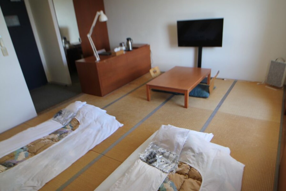 A room with tatami mats, a television, a sofa, and a small table.