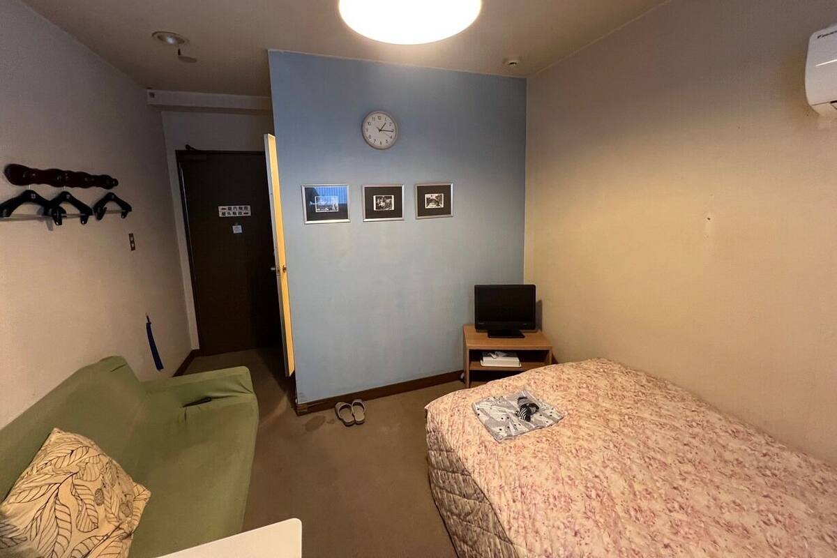 Ein Zimmer mit einem Bett, einem grünen Schlafsofa, einem Fernseher auf einem Holztischchen, einer Uhr an der Wand und einer Tür.
