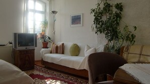 A living room with a sofa, a television, a large plant, and a window with curtains. - Ferienwohnung A3 - One Bedroom Apartment, Sleeps 3 (Klocksin)