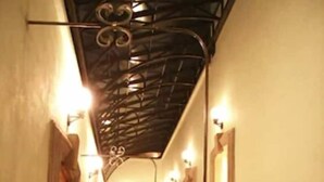 Un couloir avec une rambarde en métal, des plantes en pot et des lampes fixées au mur.