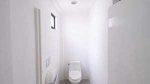 Un pasillo estrecho con un inodoro y una puerta a la izquierda.
