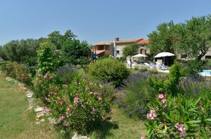 Relax in a serene garden setting surrounded by vibrant flowers and lush greenery, with a charming two-story building in the background.