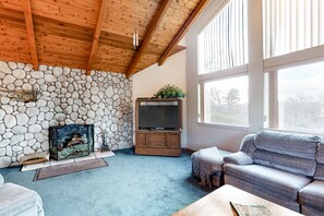 Una televisión, una chimenea, libros