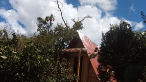 Une structure en bois surmontée d’un toit rouge, entourée de verdure et accessible par un chemin de béton.