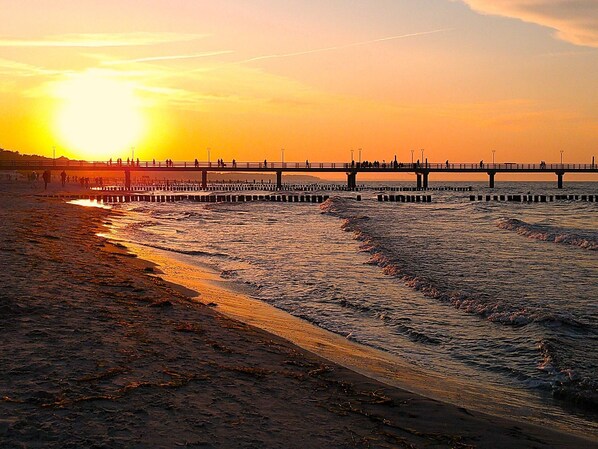 Spanning the coastline, a serene bridge connects two shores, where waves gently lap at the beach.