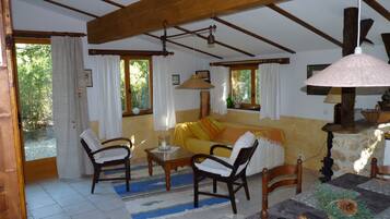 Télévision, lecteur de DVD, table de tennis de table, livres