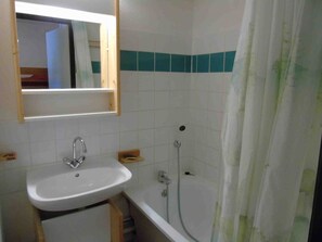 Features a compact bathroom with a sink, separate shower area, and a mirror above the sink.