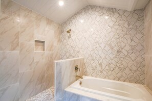 Shower, hair dryer, soap, shampoo