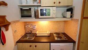 A compact kitchenette with a sink, stove, microwave, and a small refrigerator.