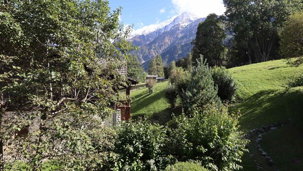 A rural landscape with a mountain in the background, a small building, and a grassy area.