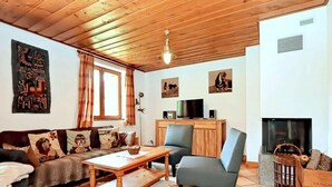 En hyggelig stue med træloft, en sofa med puder med hundemotiver, et sofabord og en pejs.