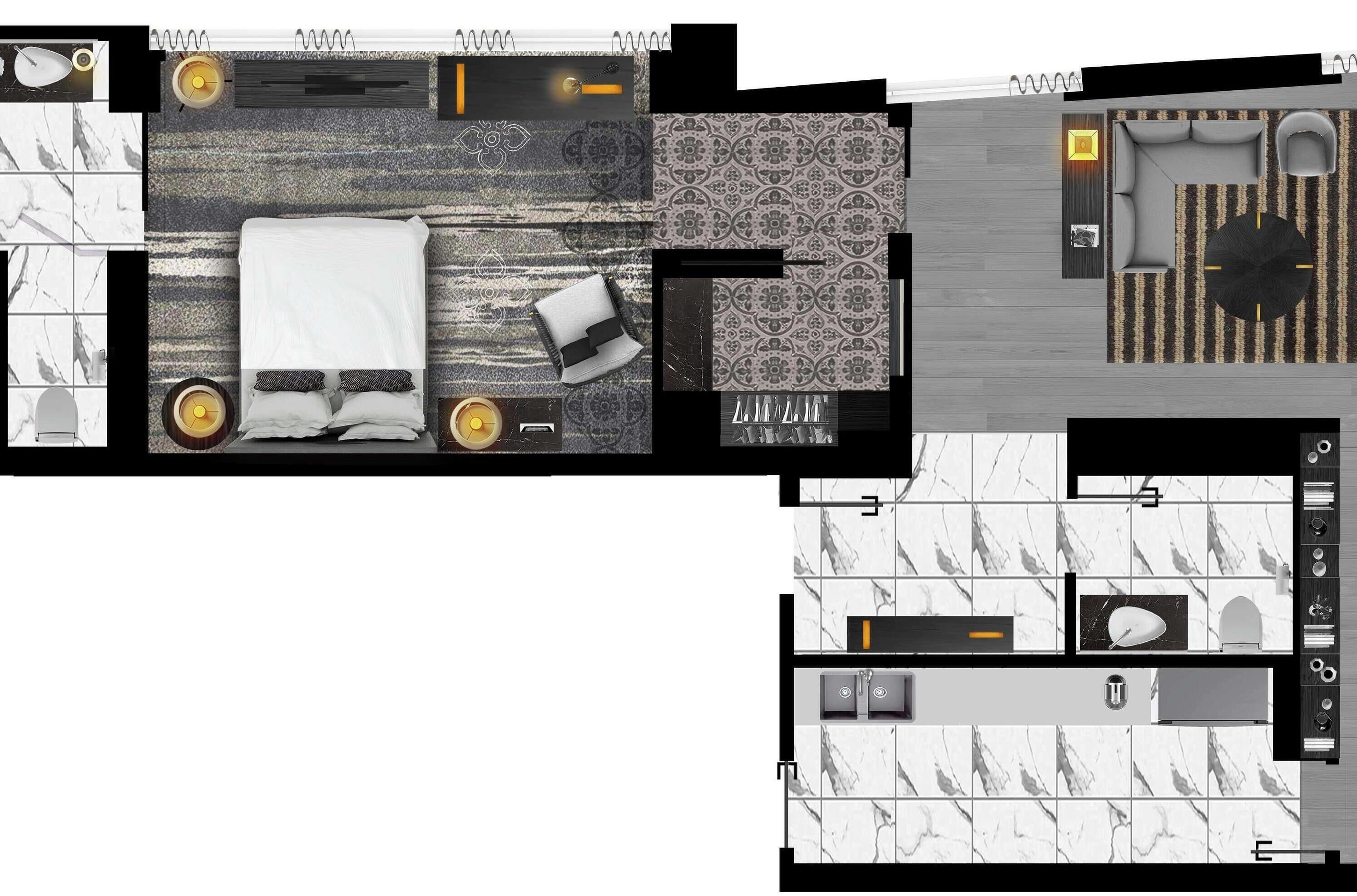 A hotel layout with a bedroom, bathroom, and kitchenette.