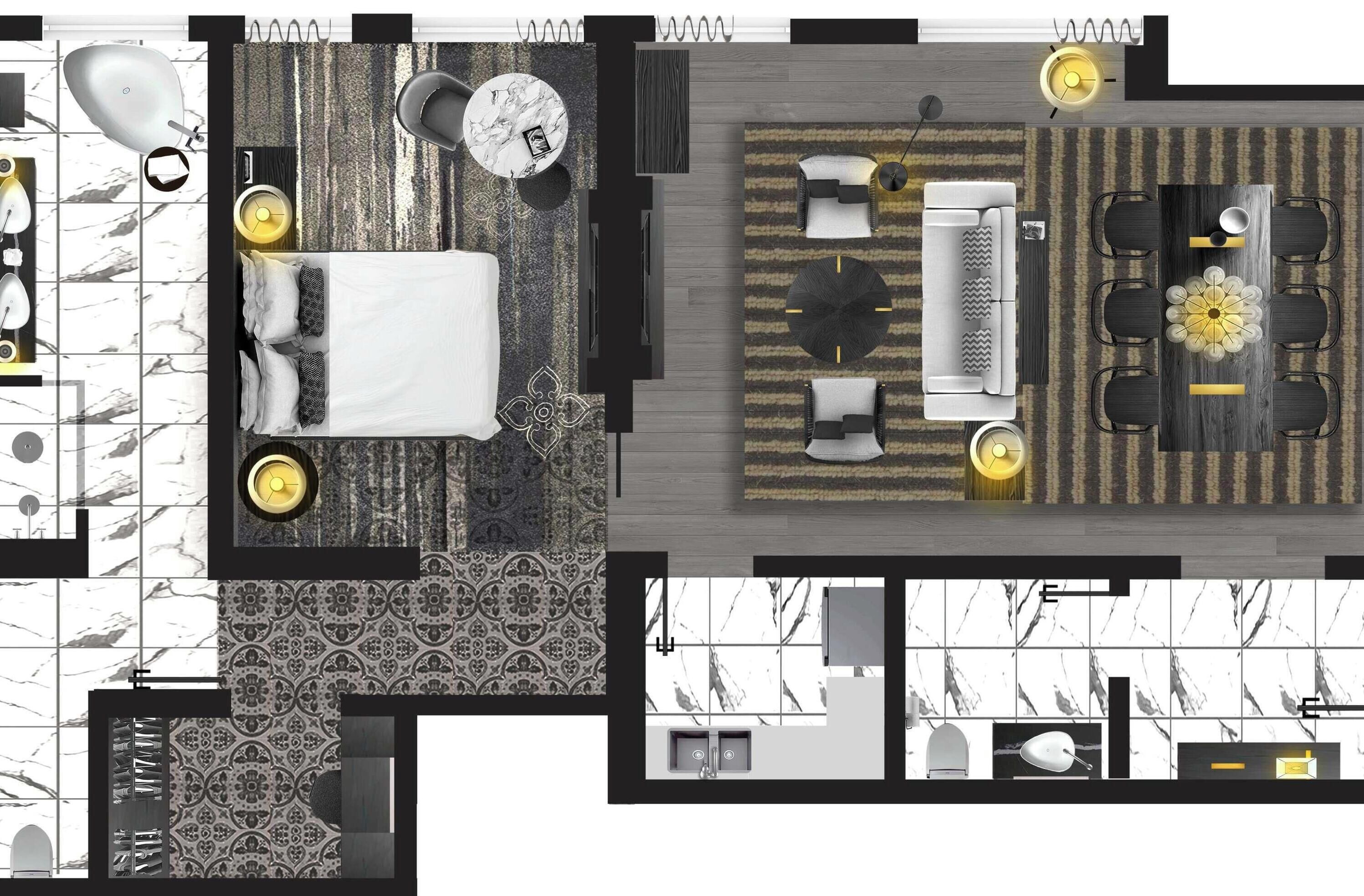 A hotel room layout with a bed, bedside tables, a desk, and a seating area with a table and chairs.