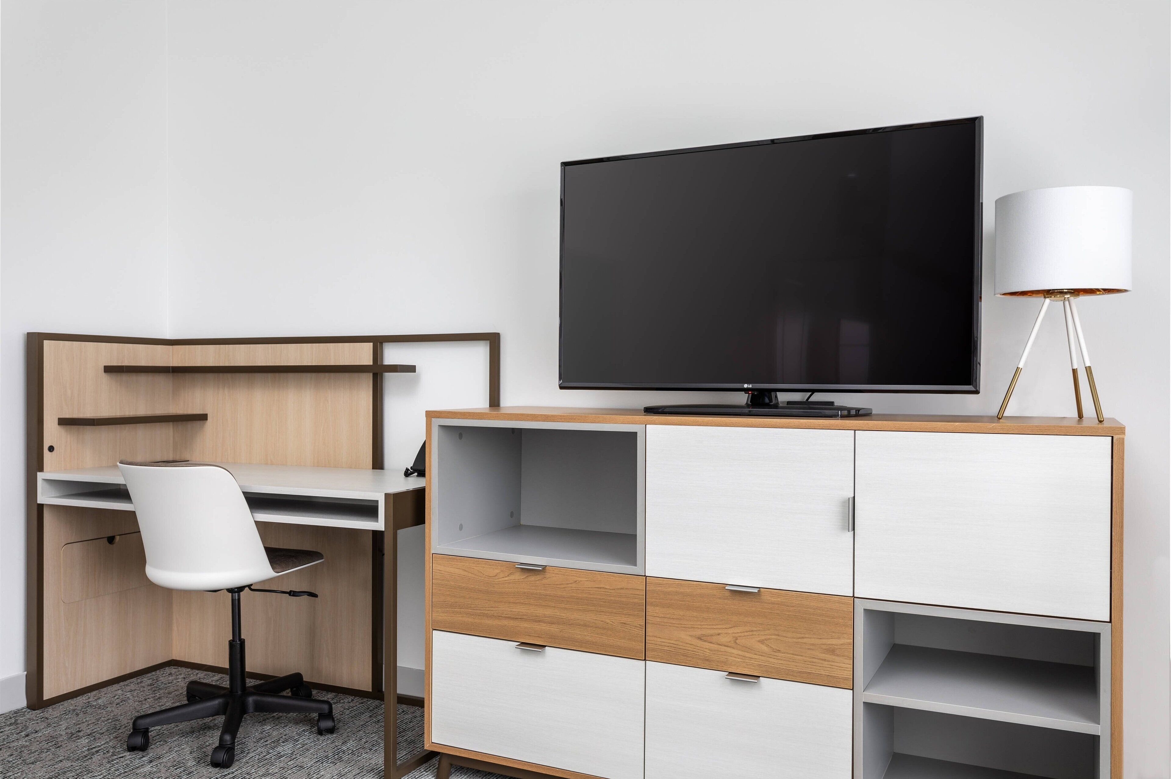 1 bedroom, desk, laptop workspace, blackout curtains