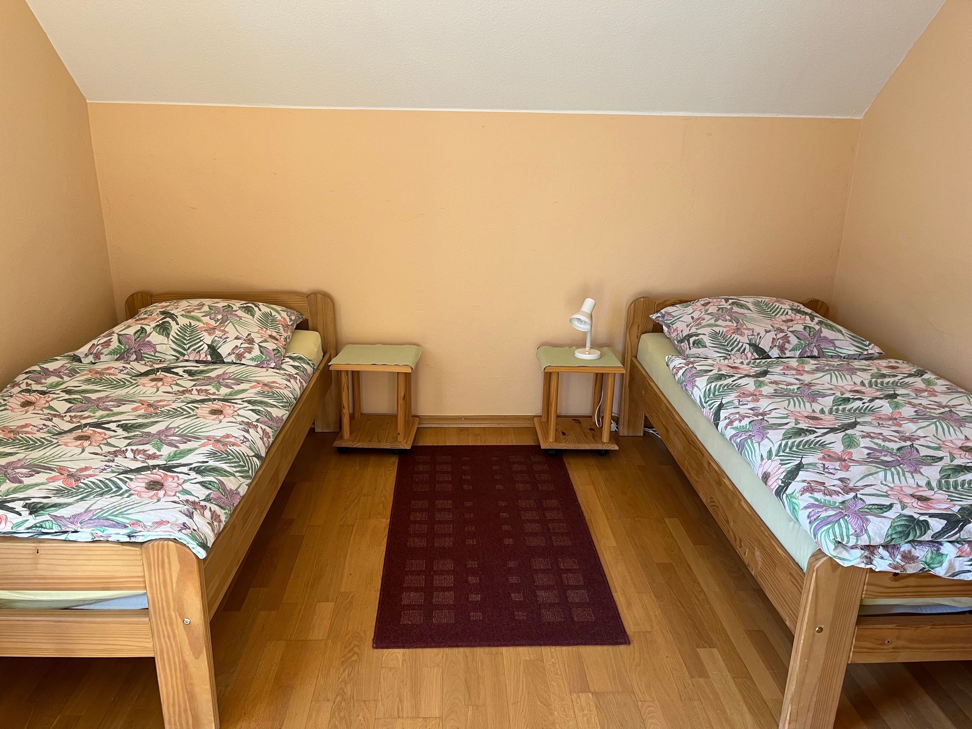 Una habitación pequeña con dos camas de madera, una mesita de noche con una lámpara y un tapete rojo.