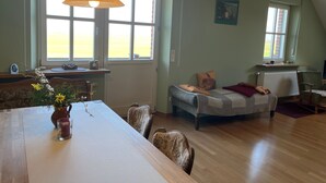 Una habitación con una mesa de comedor, sillas, una cama, un ventanal con cortinas, un radiador y un cuadro en la pared.