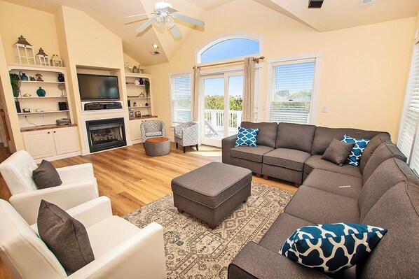 TV, fireplace, DVD player, foosball