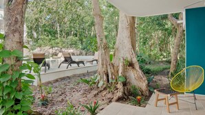 An outdoor patio area with a wooden chair, a yellow chair, and a table. - Private Tropical Home  with Pool (Akumal)