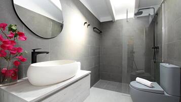 A modern bathroom with a large round sink, a toilet, and a shower area.