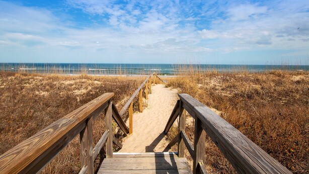 A wooden boardwalk leading to a beach with a clear sky. - OCEANFRONT, Ocean Views, Sun Decks, Close to Beach Access, SA112, The SandBar (Duck)