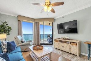 Flat-screen TV, DVD player, books