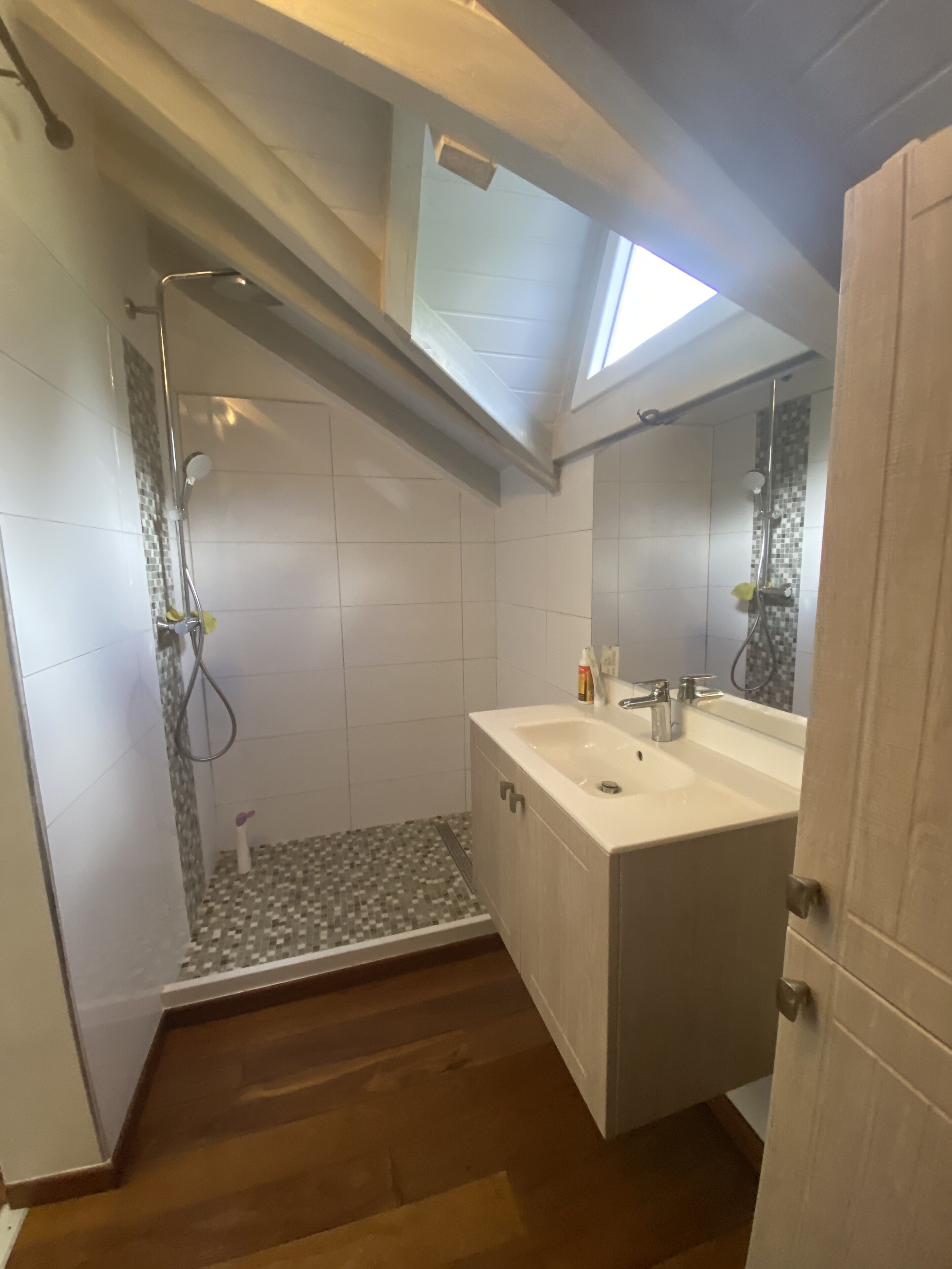 A modern bathroom with a skylight, a shower, and a vanity with a sink.