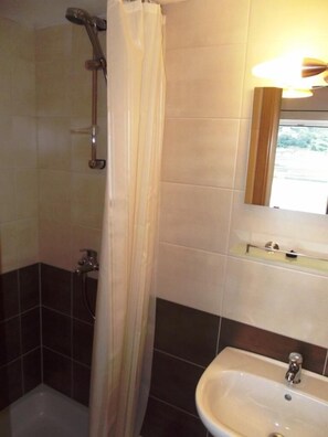 Bathroom features a shower area with handheld showerhead and curtain, a sink with mirror, and a window.