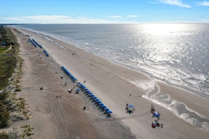 A beach with a long row of blue umbrellas and a sandy path leading to the water.