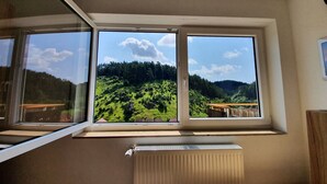 A room with a large window overlooking a green hillside.