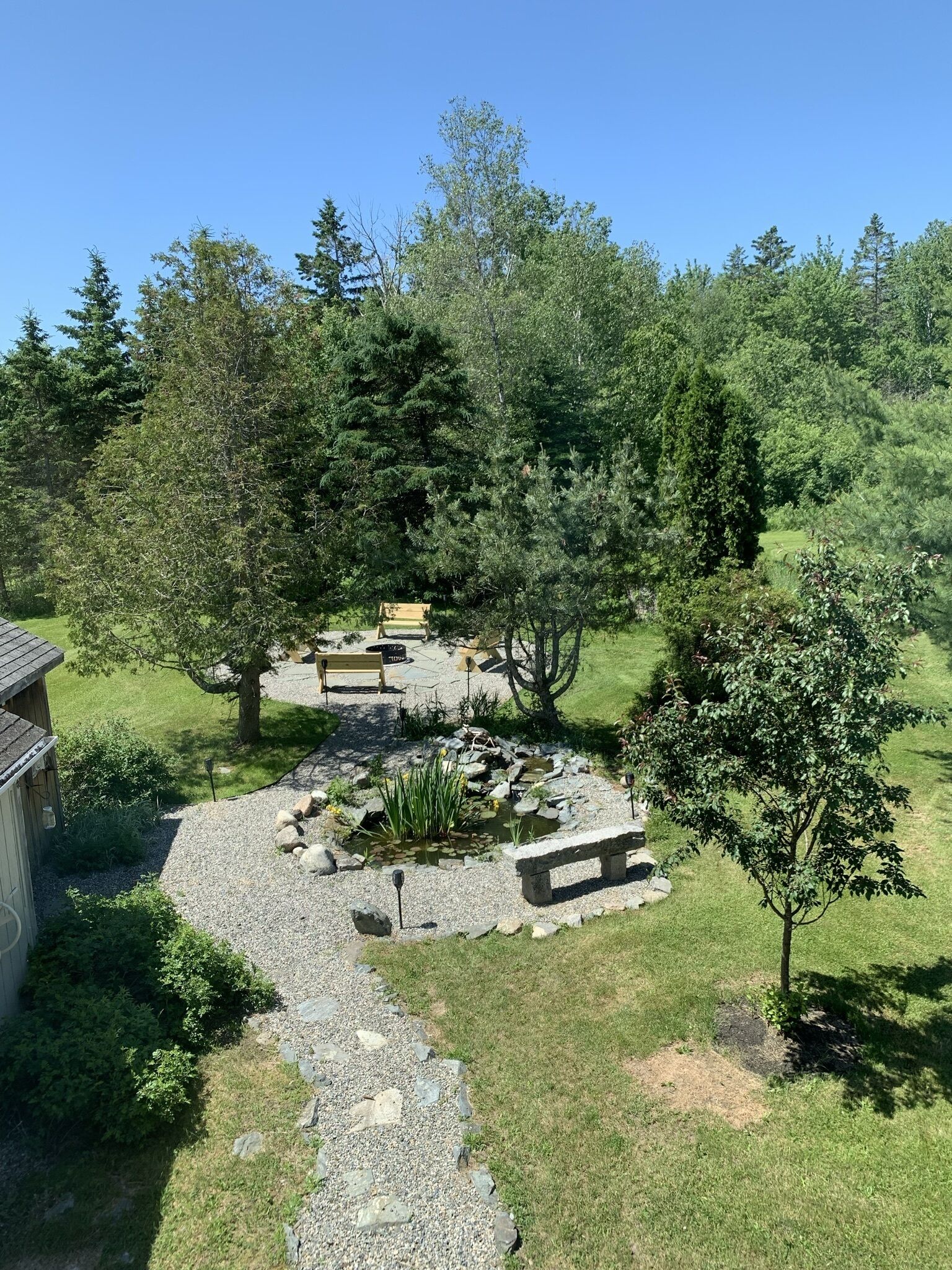 Ein Garten mit Teich, einer hölzernen Bank und einem kleinen Schuppen.
