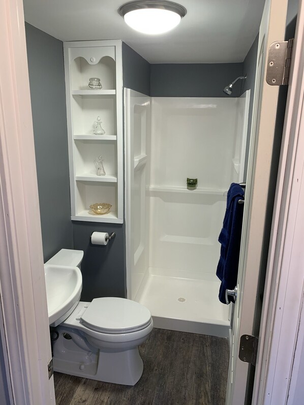 A bathroom with a toilet, a shower, and a built-in shelf unit. - Downeast Maine Coastal Getaway! (Milbridge)