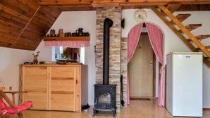Une pièce chaleureuse avec un plafond en bois, un mur en pierre, un poêle noir, un buffet en bois, une porte à carreaux rouges et blancs, et un réfrigérateur blanc.